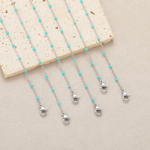 6 PCS Enamel Beaded Chains Bracelet Stainless Steel Link Bracelets | 6.7"+1.18", With Extender Chain, Fashion Jewelry Set, Gift For Women, Colorful, No Fade - color: Turquoise Silver