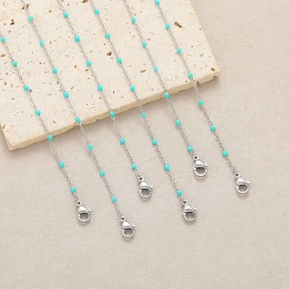 6 PCS Enamel Beaded Chains Bracelet Stainless Steel Link Bracelets | 6.7"+1.18", With Extender Chain, Fashion Jewelry Set, Gift For Women, Colorful, No Fade - color: Turquoise Silver