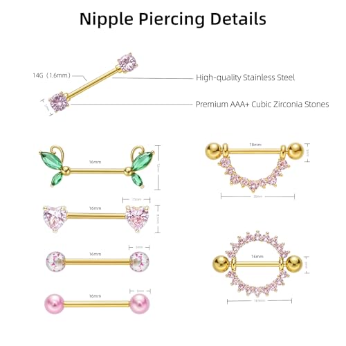G&O JFU 7 Pairs 14G Nipple Rings Set – Stainless Steel Straight Barbell with CZ Stones, Gold Plated & Silver Tone, Butterfly Back Pink Nipple Piercing Jewelry for Women - color: Gold Plated Pink Nipple Piercing Jewelry