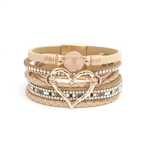 Fuqimanman2020 Heart Leather Wrap Bracelets Boho Stackable Cuff Bangles Resin Stone Rhinestone Bracelets with Clasp Christmas Jewelry Gift for Women - color: Beige