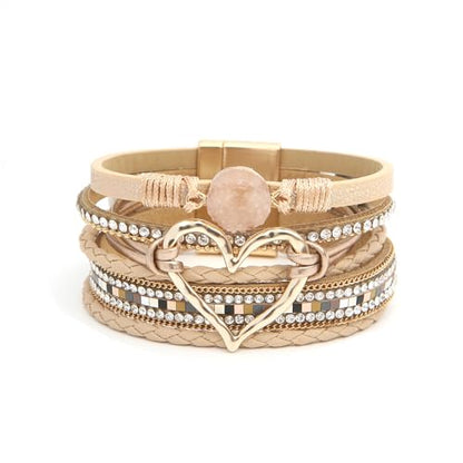 Fuqimanman2020 Heart Leather Wrap Bracelets Boho Stackable Cuff Bangles Resin Stone Rhinestone Bracelets with Clasp Christmas Jewelry Gift for Women - color: Beige