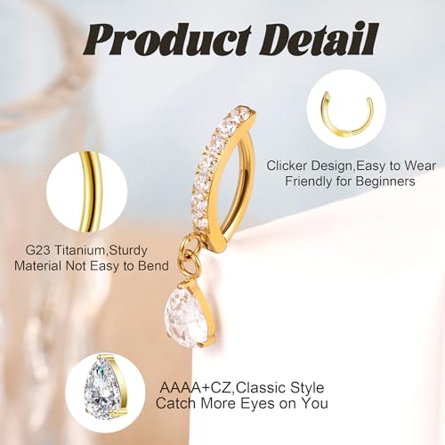 14G G23 Titanium Clicker Belly Button Ring for Women - Teardrop CZ Dangle Curved Reverse Barbell Navel Piercing - Hypoallergenic Jewelry - color: Gold