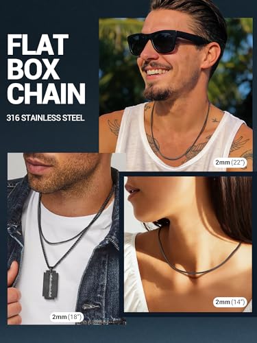 PROSTEEL Stainless Steel Flat Box Link Chain Necklace for Men | Silver/Black/18K Gold Plated,2/3/4/5/6/7/8mm Width Chain with Strong Lobster Clasp/Waterproof Men Women Jewelry with Gift Box - size: 28 inch(71cm), style: 2mm-Cool Black