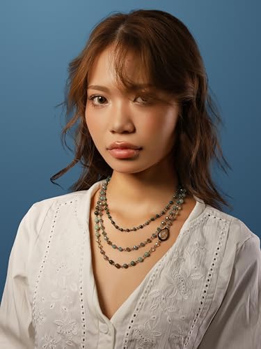 MINACHI Boho Multi Layer Necklace with Green Stone Beads, Handmade Beaded Chain Necklace, Vintage Hippie Jewelry for Women - style: Necklace NECK.005