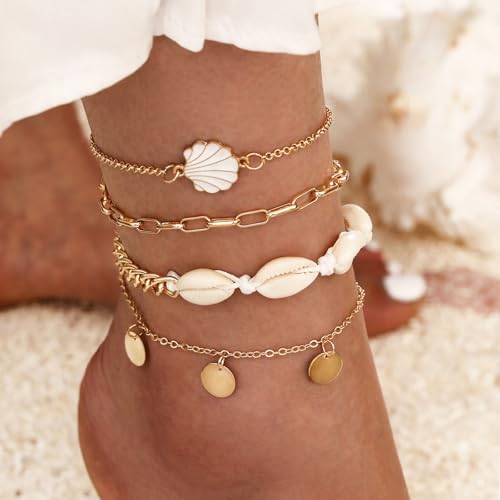 Qceasiy Starfish Ankle Bracelets for Women, Boho Beaded Beach Anklets Set | Gold-plated layered anklets in seashell, disc, and conch styles, with stretch or adjustable fits for summer beach outfits. - color: White 5
