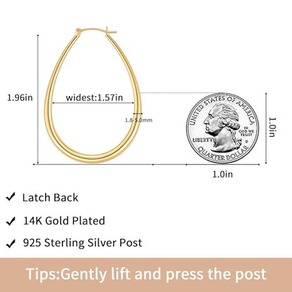 Gacimy Chunky Hoop Earrings for Women, 14K Gold Plated Oval Hoop Earrings with 925 Sterling Silver Post - color: Gold, size: 50mm