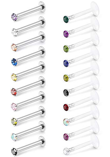 SCERRING 16G Lip Rings 6mm 8mm 10mm Acrylic & Stainless Steel Labret Monroe Lip Ring Tragus Rook Helix Earring Stud Piercing Jewelry with 2mm CZ 20-40PCS - style: 20PCS - 10mm w Mix Color CZ