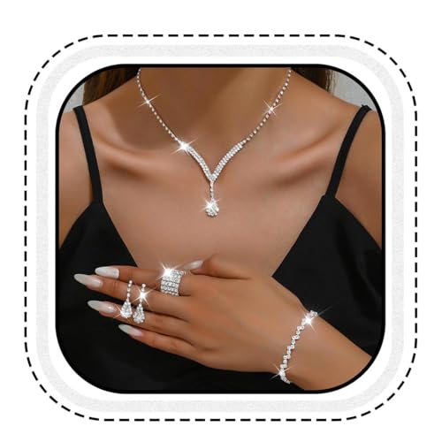 Bridal Wedding Jewelry Set Silver Rhinestone Necklace Earrings Sets Formal Costume Jewelry for Women and Brides - color: C-4 Pack Silver Necklace Bracelet Rings Earrings