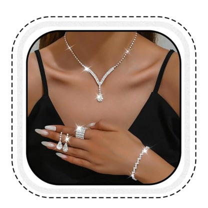 Bridal Wedding Jewelry Set Silver Rhinestone Necklace Earrings Sets Formal Costume Jewelry for Women and Brides - color: C-4 Pack Silver Necklace Bracelet Rings Earrings