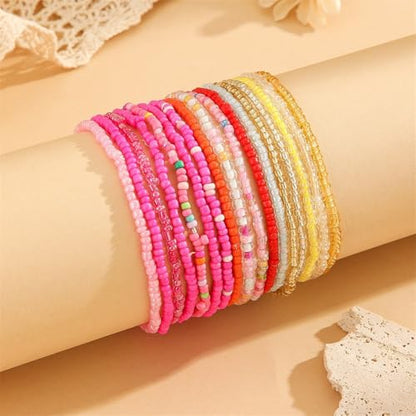 18Pcs Boho Stackable Beaded Bracelets for Women Colorful Handmade Multilayered Rice Beads Anklets Set Summer Beach Bohemian Jewelry Gift - color: Style 1 Pink B