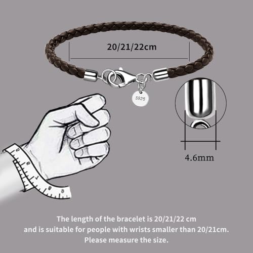 Leather Bracelet for Men Women 4MM Braided 925 silver Clasp 20/21/22cm with Jewelry Gift Box Handcrafted - color: Brown, size: 8.6''