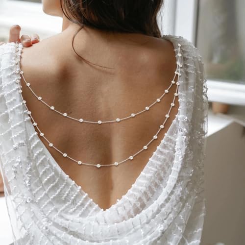 Pearl Back Chain Necklace Wedding Bridal Silver Gold Layered Backdrop Body Chain for Women Backless Dress - color: Silver
