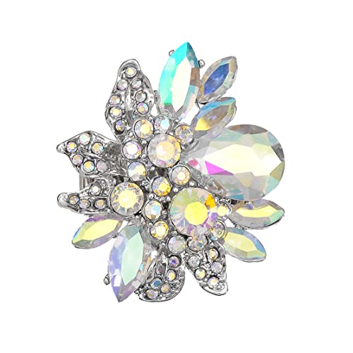 CSY Luxury Froral Cocktail Statement Rings Stretch Adjustable Ring | Gorgeous Women's Austrian Crystal Leaves Flower Big Cocktail Statement Rings Stretch Adjustable Ring Jewelry Accessories - color: AB Crystal