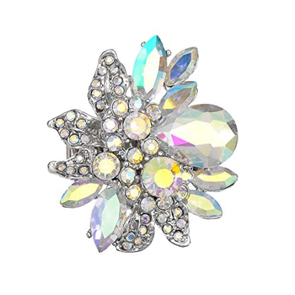 CSY Luxury Froral Cocktail Statement Rings Stretch Adjustable Ring | Gorgeous Women's Austrian Crystal Leaves Flower Big Cocktail Statement Rings Stretch Adjustable Ring Jewelry Accessories - color: AB Crystal