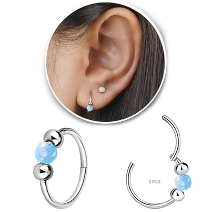 2PCS 18G Opal Cartilage Hoop Earrings, Hypoallergenic Silver Huggie Hoops | 316L Surgical Stainless Steel, 8mm 10mm sizes, hinged closure for easy wear, helix, tragus, conch, nose and daily styling - style: 2Pcs 10mm Blue Opal/Silver