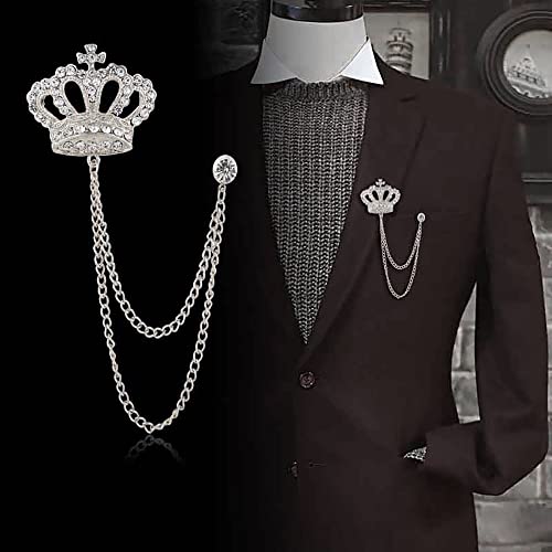 Rhinestone Crown Long Chain Brooch.Gold Silver Tassel Brooch Pin,Retro Crystal Suit Pins Collar Coat Pin for Men's Accessories Pin Husband Gifts - color: Silver 2