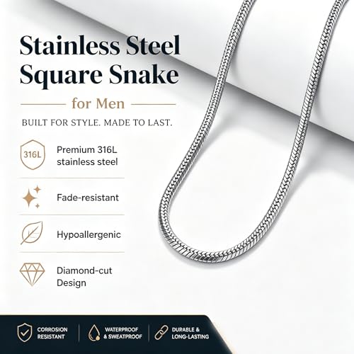 3mm Stainless Steel Silver Diamond Cut Square Snake Chain Necklace Jewelry for Men