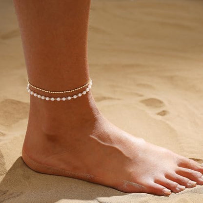 ASCOMY Ankle Bracelets for Women 14K Gold/Silver Plated Anklets for Women Waterproof Layered Cute Beads Dot Shining Twist Rope Chain Pearl Bar Link Heart Anklets Summer Beach Foot Chain Jewelry Gifts - style: Pearl Beads-GD
