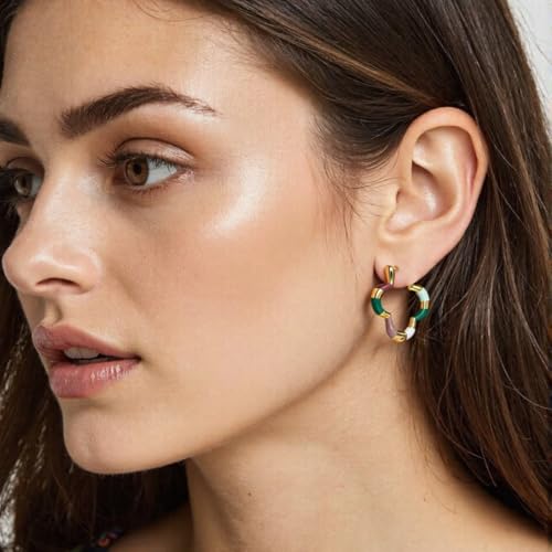 Milan Chiva 14K Gold Plated Small Huggie Dangle Earrings | Lightweight Trendy Heart Dainty Jewelry Hypoallergenic Chunky Gold Hoops Earrings Jewelry Mothers Day Gift for Women - color: I-Multi-Green