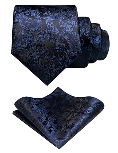 JEMYGINS Mens Solid Color Paisley Necktie and Pocket Square with Tie Clip Sets - color: Navy Blue