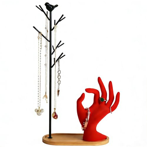 Branch Jewelry Rack Organizer for Ring Earrings Necklace Bracelet,Suitable for Living Rooms, Bathrooms,Offices,etc. - Red Velvet Hand - color: C Black