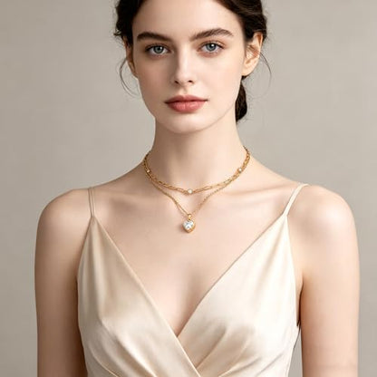 Birthstone Layered Pendant Paperclip Necklace 18k Gold Plated Heart Choker Chain Necklace Emerald Cut Jewelry Birthday Gift for Women - color: Heart Diamond