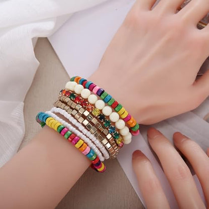 LUREME Boho Multi Strand Stackable Stretch Bracelet Set Wooden Cube Alloy Bead Bangle bl003172 - color: Multi Color