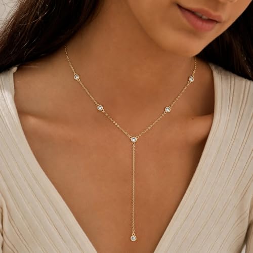 Lariat Necklace for Women, Dainty 14K Gold/Silver Plated Long Necklaces for Women Trendy Simple Layered Y-Shaped Pendant Necklace Adjustable Fashion Jewelry Gift - color: Gold, style: CZ Y Necklace