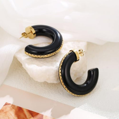 Gold Plated Resin Chunky Hoop Earrings Hypoallergenic Push Back Hoops for Sensitive Ears - color: Black
