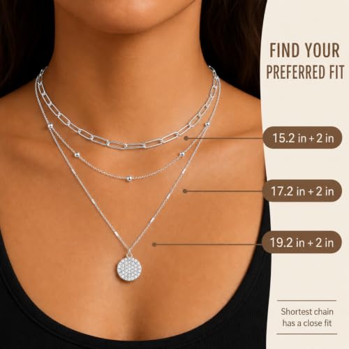 Layered Necklaces for Women, 3 Piece Gold Necklace Set | Paperclip, Satellite & CZ Pendant Chains; 14K Gold Plated Silver Stainless Steel Necklace; Hypoallergenic Non Tarnish Jewelry - color: Silver
