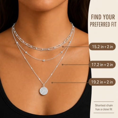 Layered Necklaces for Women, 3 Piece Gold Necklace Set | Paperclip, Satellite & CZ Pendant Chains; 14K Gold Plated Silver Stainless Steel Necklace; Hypoallergenic Non Tarnish Jewelry - color: Silver