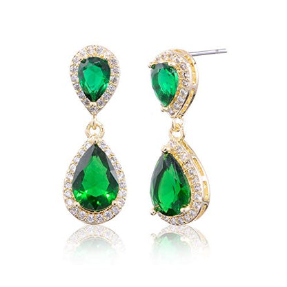 Pave Teardrop Earrings for Wedding Sterling Silver Double Pear Shaped CZ Cubic Zirconia Crystal Rhinestone Birthstone Dangle Earrings Bridal Jewelry for Bride Bridesmaids - color: Graceful Emerald