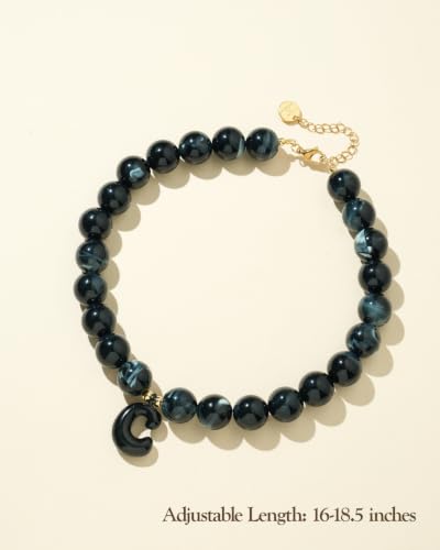 DoDoBeads Chunky Colorful Beaded Initial Necklace, Bubble Letter Choker | Gift box and dust pouch included; waterproof and sweat-resistant with real gold plated stainless steel hardware - color: Black-C
