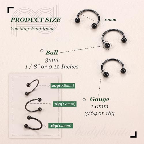 G23 Titanium 14/16/18/20G Septum Rings Horseshoe Nose Ring Jewelry | 2/3Pcs Circular Barbell Spike Lip Body Piercing Jewelry Conch Helix Tragus Earring Silver/Black 8/10/12mm 14K Gold Plated - color: Black-3pcs, size: Balls-3pcs-18g-10mm
