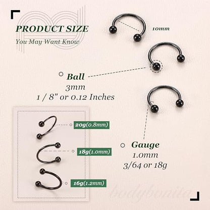 G23 Titanium 14/16/18/20G Septum Rings Horseshoe Nose Ring Jewelry | 2/3Pcs Circular Barbell Spike Lip Body Piercing Jewelry Conch Helix Tragus Earring Silver/Black 8/10/12mm 14K Gold Plated - color: Black-3pcs, size: Balls-3pcs-18g-10mm