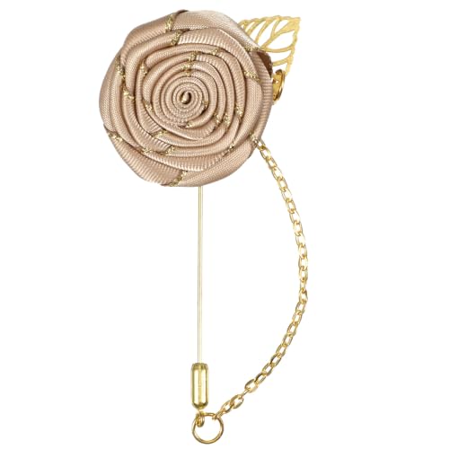 Gold Lapel Pin for Men, Gold Foil Brooch Men's White Flower Satin Lapel Pin with Metal Chain for Suits Professional Tuxedo Groom Wedding Brooch - color: Champagne