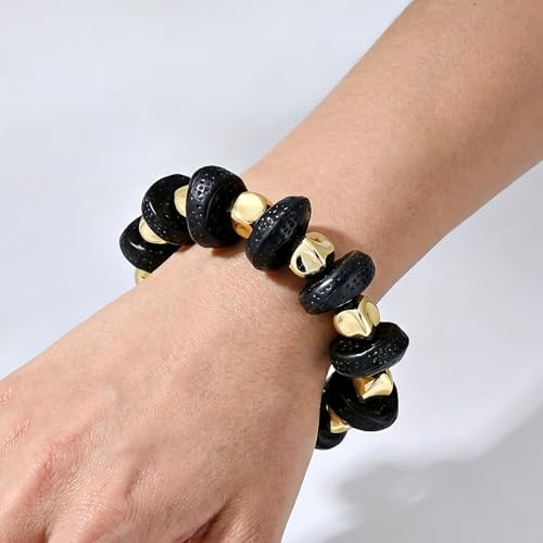 GOOJIDS Simple Beaded Gold Plated Bangles Bracelet Chunky Bamboo Tube Curved Stacking Clear Acrylic Colorful Beads Stretchable Gold Plated Bracelets Set For Women - color: D-Black&Gold Bracelet