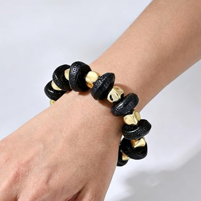 GOOJIDS Simple Beaded Gold Plated Bangles Bracelet Chunky Bamboo Tube Curved Stacking Clear Acrylic Colorful Beads Stretchable Gold Plated Bracelets Set For Women - color: D-Black&Gold Bracelet