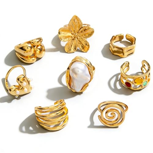 Gold Pearl Flower Stackable Rings Set,Chunky Large Pearls Floral Knuckle Rings Pack for Women,Trendy Thick Beach Everyday Jewelry