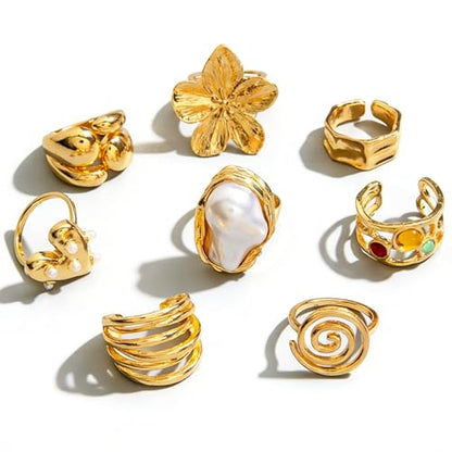Gold Pearl Flower Stackable Rings Set,Chunky Large Pearls Floral Knuckle Rings Pack for Women,Trendy Thick Beach Everyday Jewelry