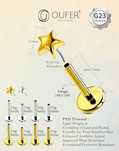 OUFER G23 Titanium Threadless Labret Studs – Flat Back Push Pin Earrings for Tragus, Helix, Monroe, Conch, Lip Piercing – 16G/18G, 6MM/8MM - color: Gold-5Star, size: 16g 8mm