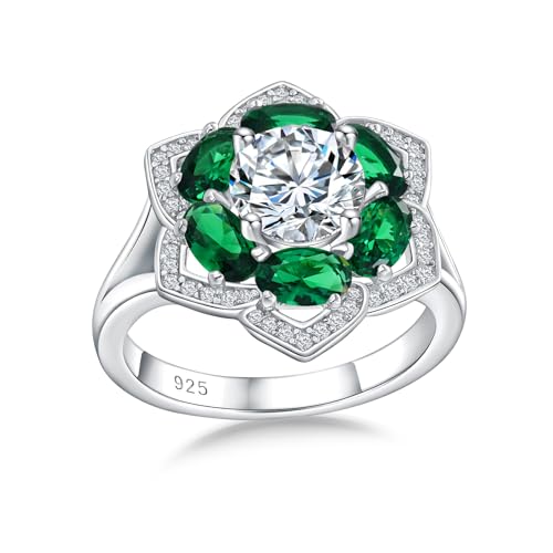 Flower Cocktail Ring for Women Stone Engagement Anniversary Rings | Sterling Silve|Hypoallergenic|Ruby|Sapphire|Emerald|Wedding and Birthday Party Women Statement Ring|Mother and Grandma Gift - color: Emerald (May)