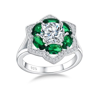 Flower Cocktail Ring for Women Stone Engagement Anniversary Rings | Sterling Silve|Hypoallergenic|Ruby|Sapphire|Emerald|Wedding and Birthday Party Women Statement Ring|Mother and Grandma Gift - color: Emerald (May)