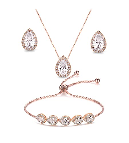 Teardrop Cubic Zirconia Jewelry Set for Women Wedding Prom Bridesmaid Gift | Sparkle Necklace Earrings Bracelet, Bride Formal Party Jewelry - color: Rose Gold