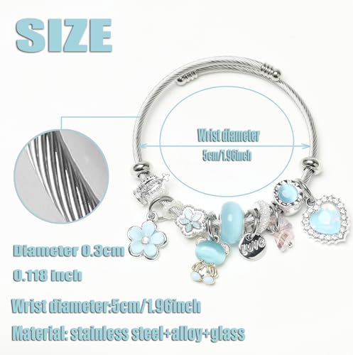 DS Charm Bracelets for girls,exquisite cute cartoon friendship bracelets Silver Stainless Steel Bangle with birthday Gift box, Adjustable girls jewelry Suitable for holiday gifts - style: Silver-blue bear