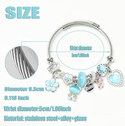 DS Charm Bracelets for girls,exquisite cute cartoon friendship bracelets Silver Stainless Steel Bangle with birthday Gift box, Adjustable girls jewelry Suitable for holiday gifts - style: Silver-blue bear