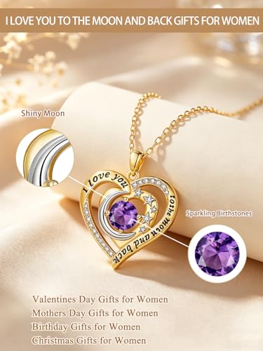 14K Gold I Love You to the Moon and Back Necklace for Women, Double Heart Birthstone Necklace, Moon Star Love Jewelry, Christmas Valentines Mothers Day Birthday Gifts for Wife Mom Girlfriend - color: 02-Feb Birthstone