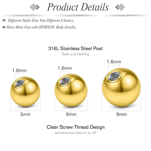 JFORYOU 14G Replacement Balls for Piercing Jewelry 18Pcs Externally Threaded Surgical Steel Balls Industrial Barbell Tongue Nipple Navel Belly Button Piercing Rings Parts 5MM-8MM - color: 14G-5mm/6mm/8mm-Gold Tone