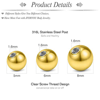 JFORYOU 14G Replacement Balls for Piercing Jewelry 18Pcs Externally Threaded Surgical Steel Balls Industrial Barbell Tongue Nipple Navel Belly Button Piercing Rings Parts 5MM-8MM - color: 14G-5mm/6mm/8mm-Gold Tone