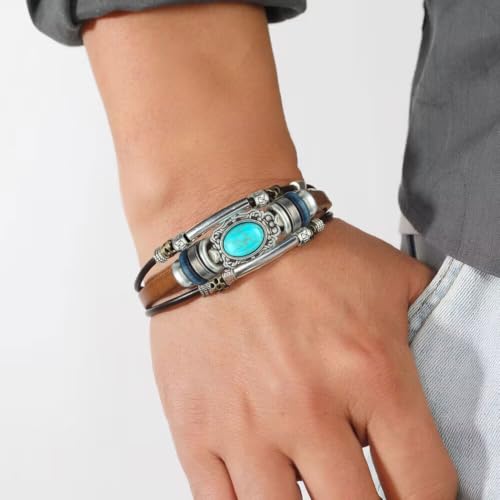 Leather Wrap Bracelets for Women Boho Multi-Layer Turquoise Bracelet Beads Stackable Bangle - color: A-Style